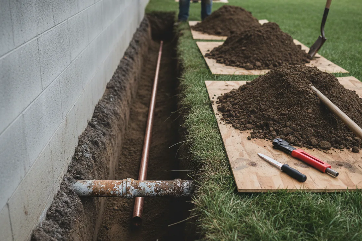 Excavated water line trench during Water Heater Repair in Oswegatchie